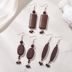 Кокосово-Коричневый 3 пары 3 стили деревянных висячих сережек, с латунными крючками для сережек и бусинами из натурального тигрового глаза., разнообразные, платина, кокосового коричневый, 88~91x11.5~19 мм, 1 пара / стиль