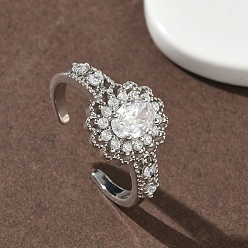 Платина Открытые кольца манжеты из латуни с микропаве и кубическим цирконием, цветок, без кадмия и без свинца, стойки покрытие, долговечный, платина, 13 мм, внутренний диаметр: 19 мм