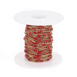 Red Ion Plating(IP) 304 Stainless Steel Cable Chains, with Enamel Oval Beads, Soldered, with Spool, Flat Oval, Golden, Red, 5x2.5mm, Link: 2x1.6x0.3mm, about 32.8 Feet(10m)/roll