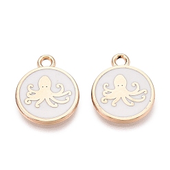 White Alloy Enamel Pendants, Rack Plating, Flat Round & Octopus Charms, Golden, White, 16x13x1.5mm, Hole: 1.8mm