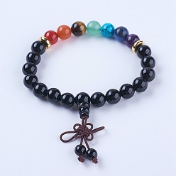 (946F)Морозный цвет внутри  Жонкиль / Непрозрачная зеленая подкладка Чакра ювелирные изделия, браслеты из натуральных драгоценных камней и окрашенного и нагретого черного агата с бусинами мала, с результатами каучука и сплавов, золотые, 2 дюйм (50 мм)