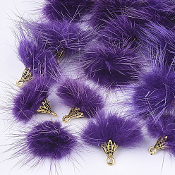 Фиолетовый Подвеска из искусственного меха норки с кисточкой, со сплавочной фурнитурой, античное золото , фиолетовые, 20~30x28~30 мм, отверстие : 1.8 мм