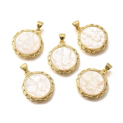 Золотой Латунь с резными подвесками из натуральной ракушки, стойки покрытие, плоские круглые с феей, золотые, 22x19.5x3.5 мм, отверстие : 3x4 мм