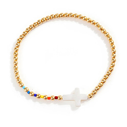 Золотой Летние браслеты-растяжки из латуни и ракушек с крестообразными бусинами, золотые, внутренний диаметр: 6-7/8 дюйм (17.5 см)