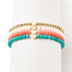 (52) Непрозрачная лаванда 4шт 4 стильные браслеты из стеклянных семян и латунных бусин с сердцем, штабелируемые браслеты для девочек женщин, золотые, разноцветные, внутренний диаметр: 2-1/8 дюйм (5.5 см), 1 шт / стиль