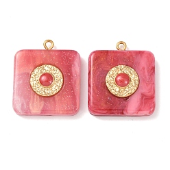 Красный 304 подвески из нержавеющей стали смолы, квадратный с плоским круглым шармом, с эмалью, золотые, красные, 29.5x25.5x7 мм, отверстие : 2 мм