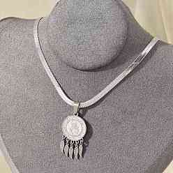 Нержавеющая Сталь Цвет 201 ожерелья из нержавеющей стали с плоским круглым кубическим цирконием и подвеской в виде пера, цвет нержавеющей стали, 16.32 дюйм (41.45 см)