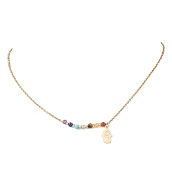 Hamsa Hand Подвеска с круглыми бусинами из натурального драгоценного камня чакра 304 ожерелья из нержавеющей стали, с 304 прелестей из нержавеющей стали, золотые, хамса рука, 16.14 дюйм (41 см)