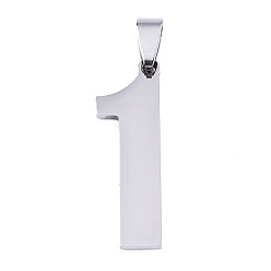 Number Non-Tarnish 201 Stainless Steel Pendants, Laser Cut, Number, Stainless Steel Color, Num.1, 34x11x1.5mm, Hole: 4.5x5mm