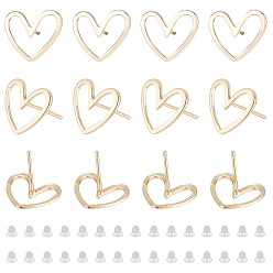 Настоящее золото 18K 16шт. латунные серьги-гвоздики фурнитура, сердце, с 40 пластиковыми ушными гайками, реальный 18 k позолоченный, 13x11 мм, штифты : 0.7 мм