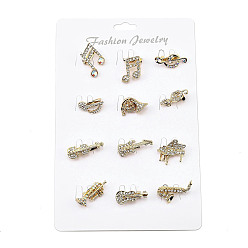 Золотой 12шт 12 стили сплава горный хрусталь броши для рюкзака одежды, музыкальная нота и музыкальные инструменты, золотые, 18.5~30x10~22 мм, 1 шт / стиль