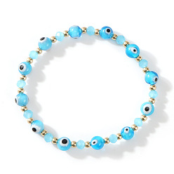 Небесно-голубой Браслеты из стеклянных и латунных бусин, бусины от сглаза ювелирные изделия для мужчин и женщин, голубой, внутренний диаметр: 6-1/2 дюйм (16.5 см) ~ 6-3/4 дюйм (17 см)