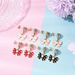 (52) Непрозрачная лаванда Висячие серьги-гвоздики из сплава с эмалью в форме сердца с бантом, с абс пластмассовыми жемчужными бисером, золотой свет, разноцветные, 25.5x16.5 мм