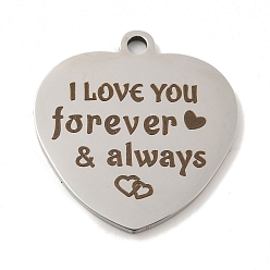 Нержавеющая Сталь Цвет Не тускнеющие подвески ко дню святого валентина 201 из нержавеющей стали, обереги с любовным посланием, сердце со словами-подвесками, цвет нержавеющей стали, 30.5x29x2 мм, отверстие : 3 мм