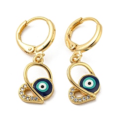 Midnight Blue Golden Brass Dangle Leverback Earrings, with Enamel and Cubic Zirconia, Evil Eye, Midnight Blue, 27x10mm