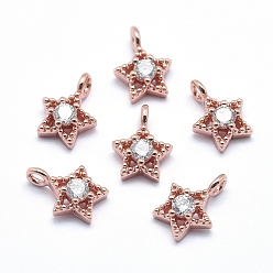 Розовый Позолоченный Латунь прелести, с кубического циркония, без кадмия, без никеля и без свинца, звезда, прозрачные, Настоящее розовое золото покрыто, 11x7.5x4 мм, отверстие : 2 мм