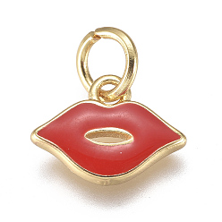 Красный Настоящие золотые латунные эмалевые брелоки 18 k, макияж прелести, долговечный, губа, красные, 8x11x1 мм, отверстие : 3 мм