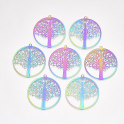 Rainbow Color Ионное покрытие (ip) 201 филигранные подвески из нержавеющей стали, гравированные металлические украшения, плоские круглые с дерева жизни, Радуга цветов, 43x40x0.2 мм, отверстие : 2 мм