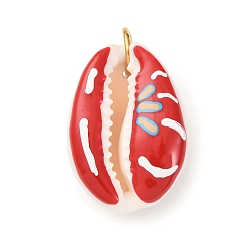 Красный Кулоны с натуральными ракушками каури с принтом, подвески в форме ракушки с эмалью и 304 соединительными кольцами из нержавеющей стали, без кадмия, без никеля и без свинца, золотые, красные, 23~28x16~20x12~14 мм, отверстие : 6 мм