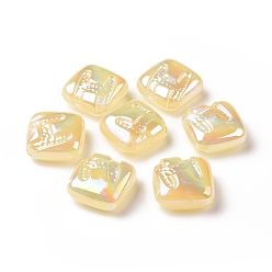 Champagne Yellow Rainbow Iridescent Plating Acrylic Beads, Glitter Beads, Rhombus with Letter H Pattern, Champagne Yellow, 29.5x29.5x14mm, Hole: 3.2mm