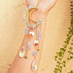 Опал Опаловый чип подвесной кулон в виде ловца солнца украшение, хрустальные стеклянные призматические подвески в форме капли и восьмиугольное звено, с латунной фурнитурой , луна, 260~270 мм