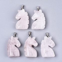 Розовый Кварц Резные подвески из натурального розового кварца, с дужками из нержавеющей стали, единорог, цвет нержавеющей стали, 38~41x11~14x24~25 мм, отверстие : 9x4 мм