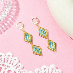 Светло-Голубой Серьги из стеклянных бусин ручной работы с застежкой-молнией, с 304 серьгами из нержавеющей стали, ромб, золотые, Небесно-голубой, 70 мм