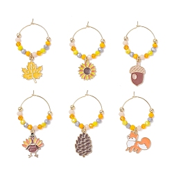 Золотой Подвески для бокалов вина из сплава эмали на День благодарения, со стеклянными бусинами и латунными кольцами-подвесками для бокалов для вина, золотые, 49~54 мм, 6 шт / комплект