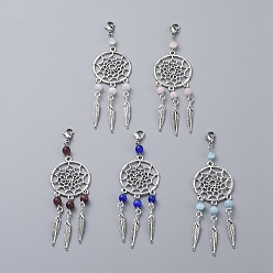 Mixed Color Alloy Big Pendants, with Cat Eye Beads and 304 Stainless Steel Lobster Claw Clasps, Woven Net/Web with Feather, Mixed Color, 95mm