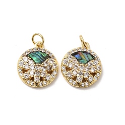 Настоящее золото 18K Латунные микро проложить кубического циркония подвески, плоско-круглые, с ракушкой пауа и эпоксидной смолой, стойки покрытие, долговечный, без свинца и без кадмия, с целью перехода в кольце, реальный 18 k позолоченный, 16x13.5x3.5 мм, отверстие : 3 мм