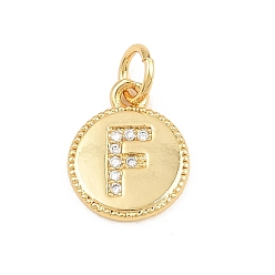 Letter F Breloques en laiton zircon cubique transparent, rond plat avec breloques en forme de lettre, plaqué longue durée, sans plomb et sans cadmium, crémaillère plaquage, réel 18 k plaqué or, lettre f, 12.5x10x1.5mm, Trou: 3mm