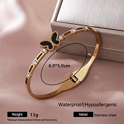 Butterfly 304 Stainless Steel Black Enamel Hinged Cuff Bangles with Crystal Rhinestone for Women, Golden, Butterfly, Inner Diameter: 2.36 inch(6cm)