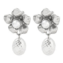 Stainless Steel Color 304 Stainless Steel Flower Stud Earrings, with ABS Plastic Imitation Pearl Beads, Stainless Steel Color, 36x19.5mm
