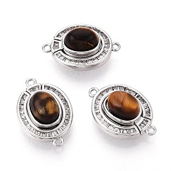 Платина Латунные застежки с прозрачными фианитами и магнитными застежками, овальные, с петлями и тигровым глазом, платина, 18.5x12.5x8 мм, отверстие : 1.1~1.2 мм