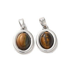 Platinum Natural Tiger Eye Pendants, Brass Oval Charms, Platinum, 15.5x11x5mm, Hole: 4x3mm