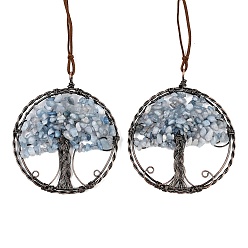 Аквамарин Подвесные украшения из латуни и натуральной аквамариновой крошки, плоский круглый с подвесными украшениями в виде дерева жизни, 390~400 мм