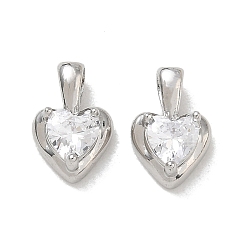Platinum Brass Pave Clear Cubic Zirconia Charms, Heart Charms, Rack Plating, Long-Lasting Plated, Cadmium Free & Lead Free, Platinum, 12x8x4mm, Hole: 2.2x3.7mm