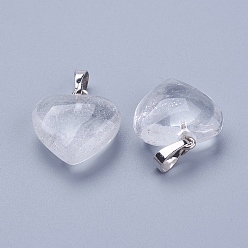 Quartz Crystal Natural Quartz Crystal Pendants, with Brass Findings, Heart, Platinum, 23x20x7~9mm, Hole: 5x8mm
