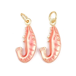 Pink Латунь эмаль подвески, креветки прелести, с целью перехода в кольце, золотые, розовые, 20.5x9.5x3.5 мм, отверстие : 4 мм