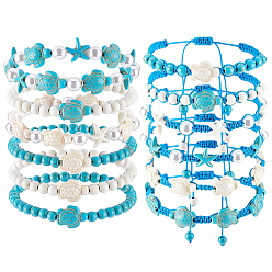 Turquoise Synthétique 12 Bracelets tressés et bracelets extensibles en perles de turquoise synthétique teintes pour femmes, étoile de mer et tortue de mer, avec fil de nylon réglable, diamètre intérieur : 2-1/4~3-3/4 pouces (5.7~9.4cm) et 2 pouces~2-3/8(5.2~5.9cm)