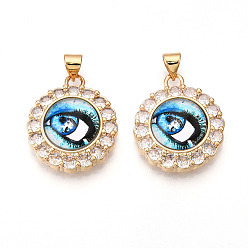 Светло-Голубой Латунные подвески с микропаве из прозрачных кубических цирконий для женщин, плоские круглые с глаз, cmолой, реальный 18 k позолоченный, Небесно-голубой, 23.5x20x7~7.5 мм, отверстие : 3.5x5 мм