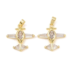 Настоящее золото 18K Латунные микропаве прозрачные подвески с фианитом, прелести самолета, реальный 18 k позолоченный, 19.5x19x3.5 мм, отверстие : 5x2.5 мм