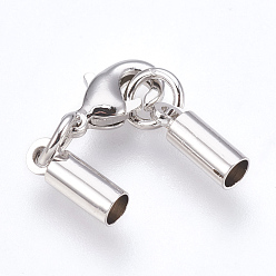 Real Platinum Plated Brass Lobster Claw Clasps, with Cord Ends, Long-Lasting Plated, Real Platinum Plated, 30mm, Hole: 2mm