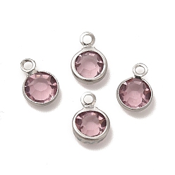 Flamingo 304 Stainless Steel with Glass Charms, Stainless Steel Color, Faceted Flat Round, Flamingo, 9.5x6.5x2mm, Hole: 1.5mm