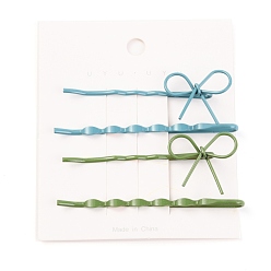 Mixed Color 4Pcs Painted Iron Hair Bobby Pins, with Bowknot Alloy Findings, Mixed Color, 56x19.5x7mm, 63.5x2.5x5mm, 2 Styles, 2 Colors
