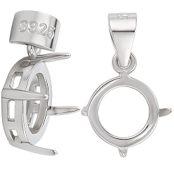 Платина 2 шт. родиевое покрытие 925 подвески-корзины из стерлингового серебра, с креплением на зубцах, настройки открытой спины, плоско-круглые, платина, лоток : 8 мм, 16 мм, отверстие : 4.5 мм