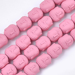 Pink Spray Painted Non-magnetic Synthetic Hematite Beads Strands, Matte Style, Buddha Head, Pink, 10x9x7.5mm, Hole: 1mm, about 39pcs/strand, 15.7 inch
