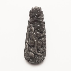 Obsidian Carved Natural Ice Rainbow Obsidian Big Pendants, Lion, 58x21x12mm, Hole: 2mm