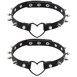 Черный 2шт. регулируемые готические ожерелья-чокеры в форме сердца из искусственной кожи с металлическими шипами и заклепками для женщин, платина, чёрные, 15.31 дюйм (38.9 см), 18 мм