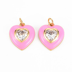 Pearl Pink Brass Enamel Pendants, with Clear Cubic Zirconia and Jump Ring, Nickel Free, Real 16K Gold Plated, Heart, Pearl Pink, 17.5x15.5x4.5mm, Hole: 3.5mm